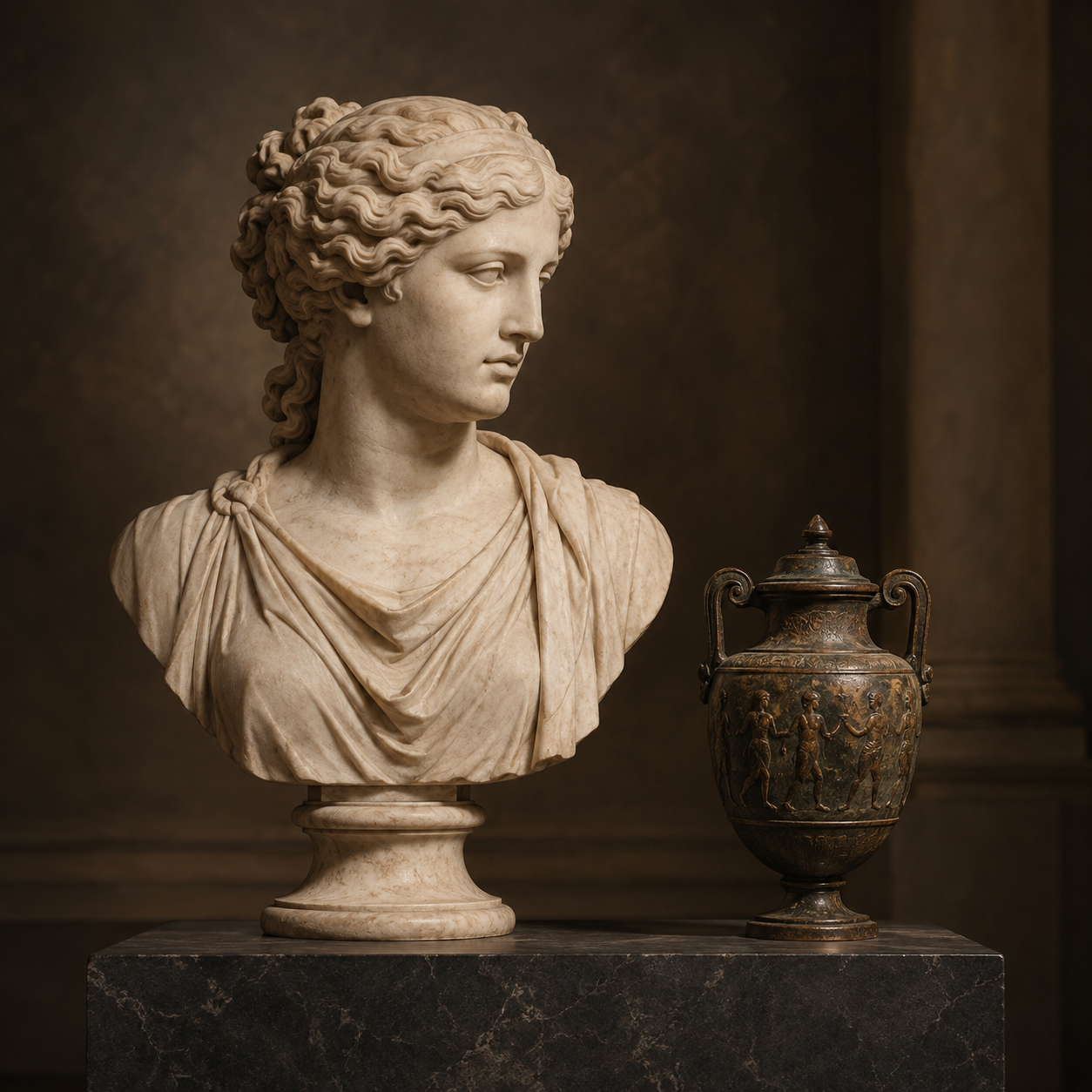Busto classico in marmo e vaso antico in bronzo della Collezione Poli