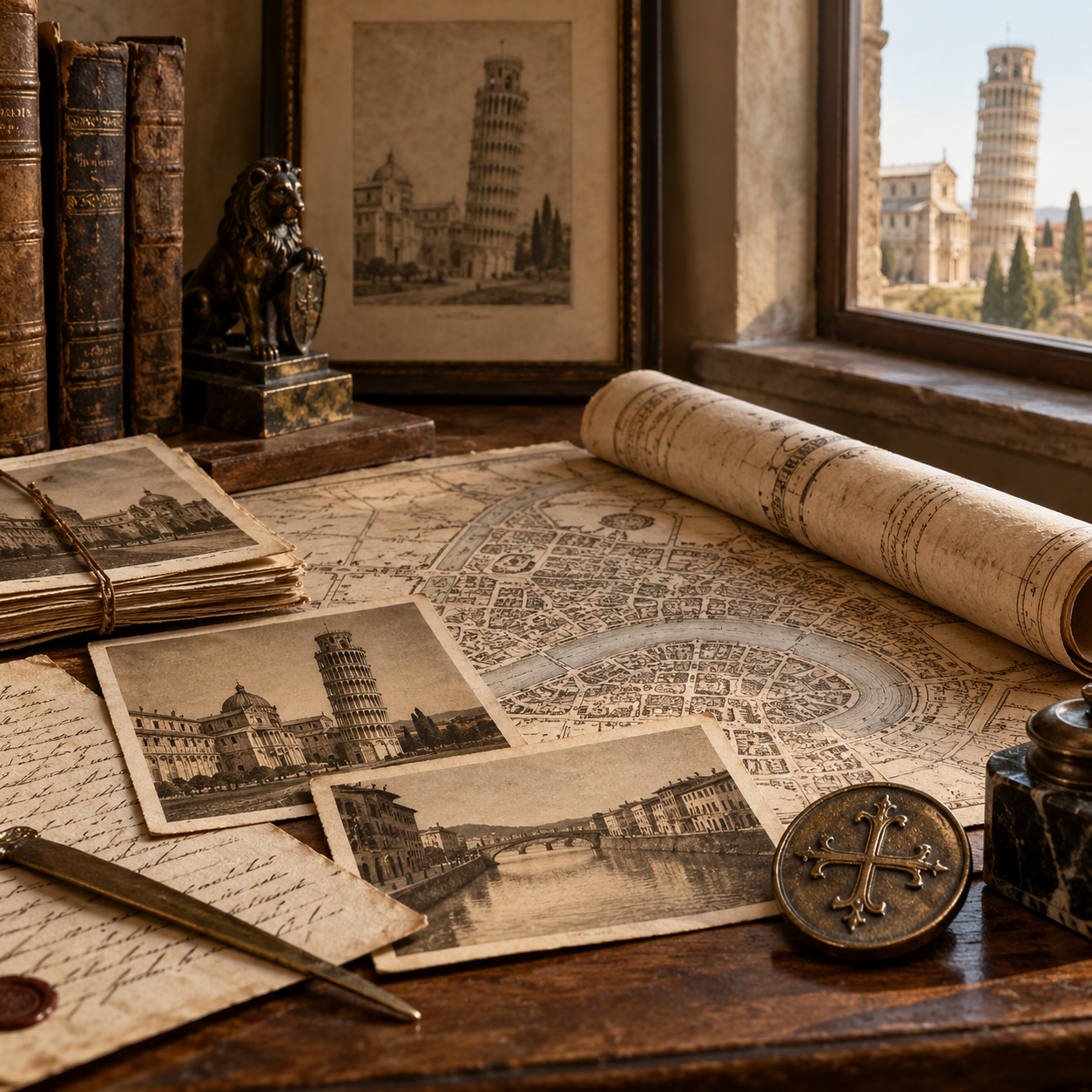 Documenti, fotografie e mappa storica di Pisa della Collezione Poli